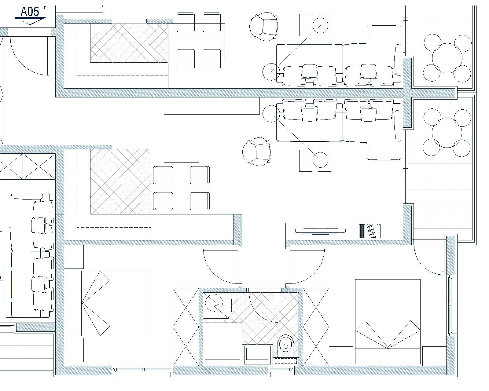 Grundriss der Wohnung in Budva, Montenegro: Wohnzimmer mit Essbereich, Schlafzimmer, Badezimmer und möblierte Terrassen.