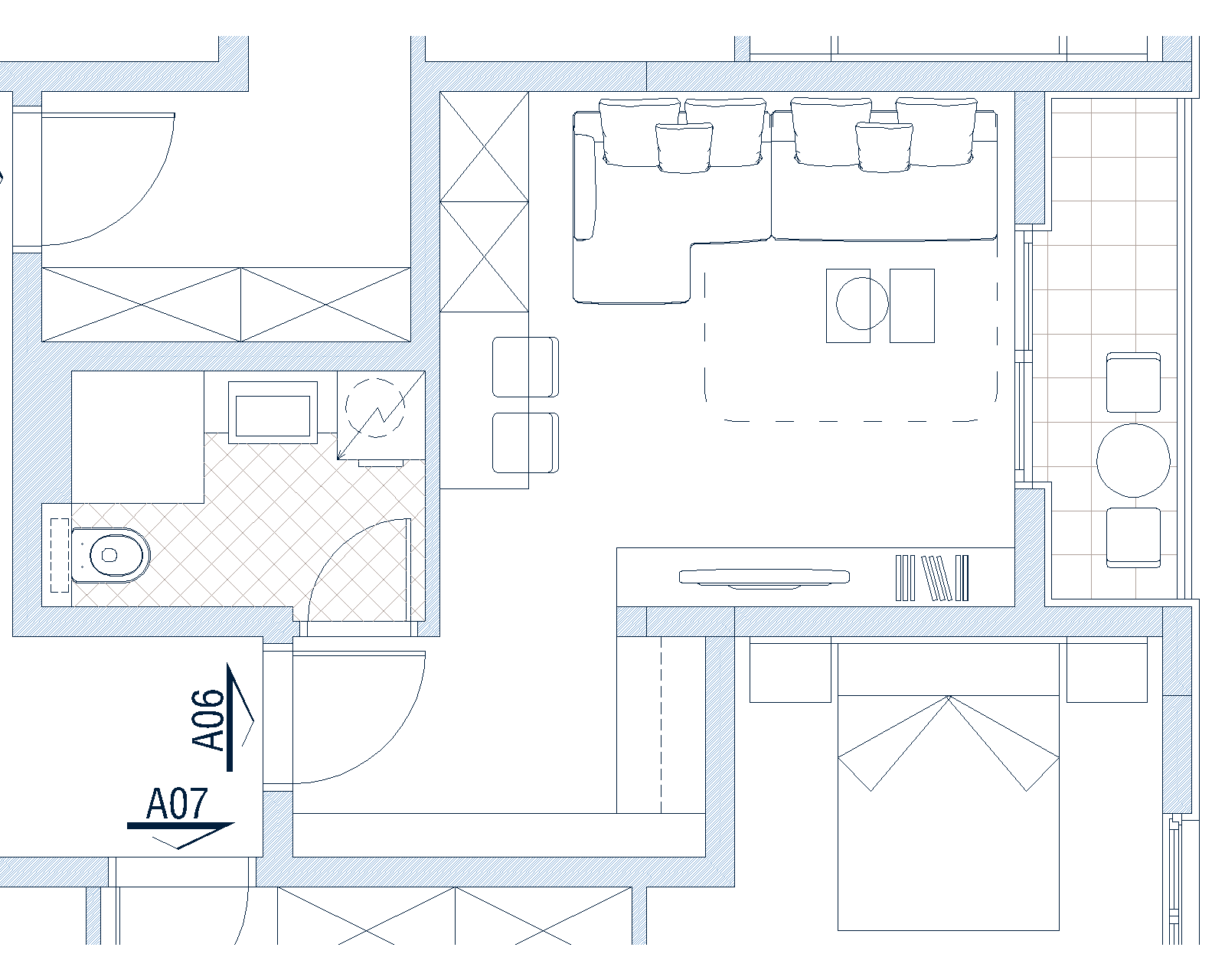 Grundriss der Wohnung in Budva, Montenegro: Wohnzimmer mit Sofa, Schlafzimmer, Badezimmer und Balkon mit Essbereich.