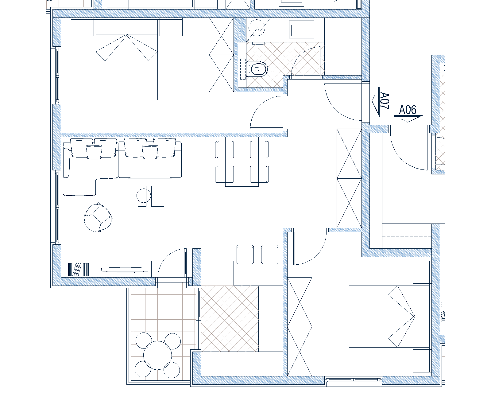 Grundriss einer Zweizimmerwohnung in Budva, Montenegro: Wohnzimmer mit Küche, zwei Schlafzimmer und eine möblierte Terrasse.