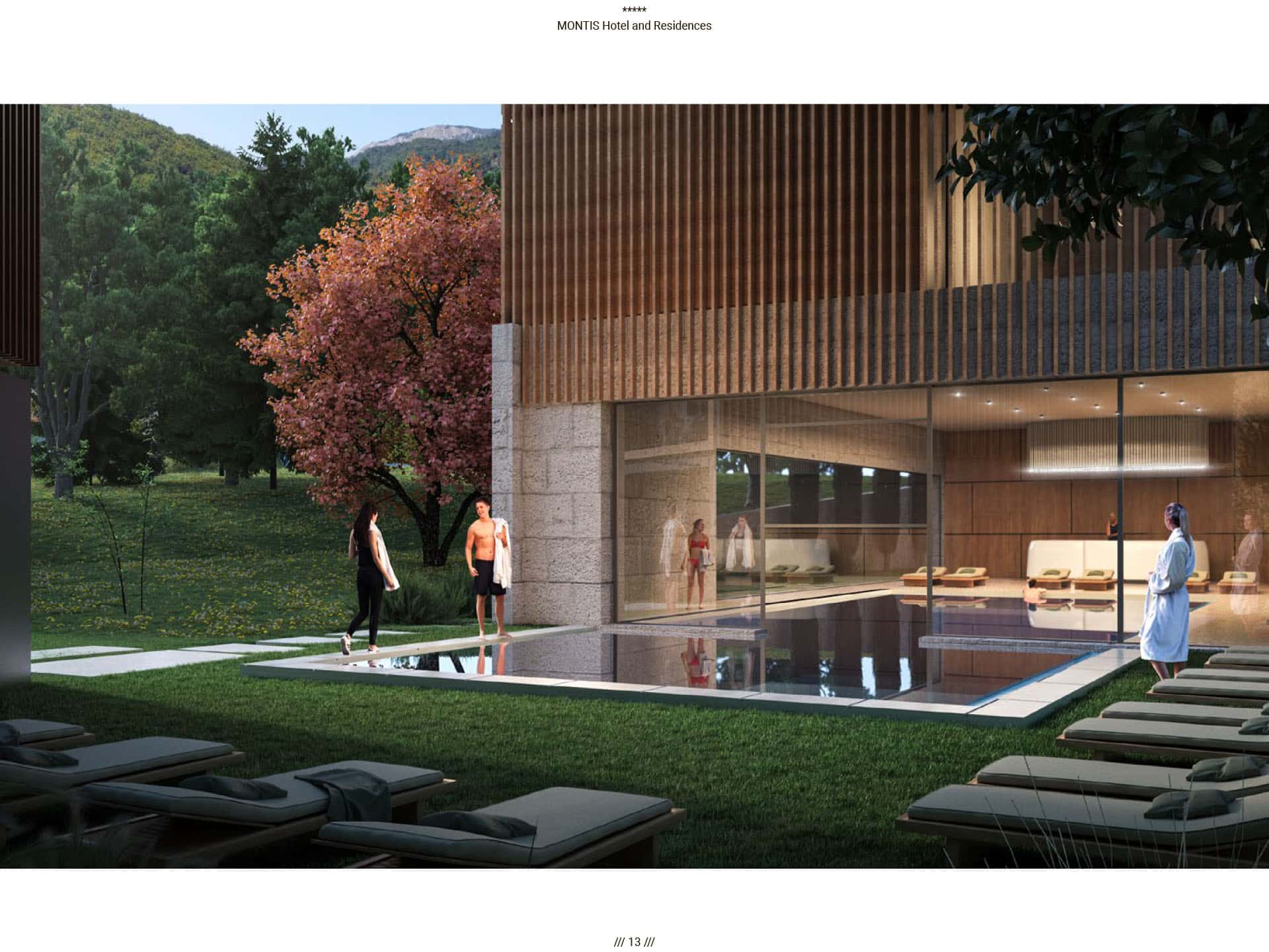 Открытый бассейн и спа-зона в отеле Montis Hotel and Residences, Колашин, Черногория с видом на горный ландшафт.