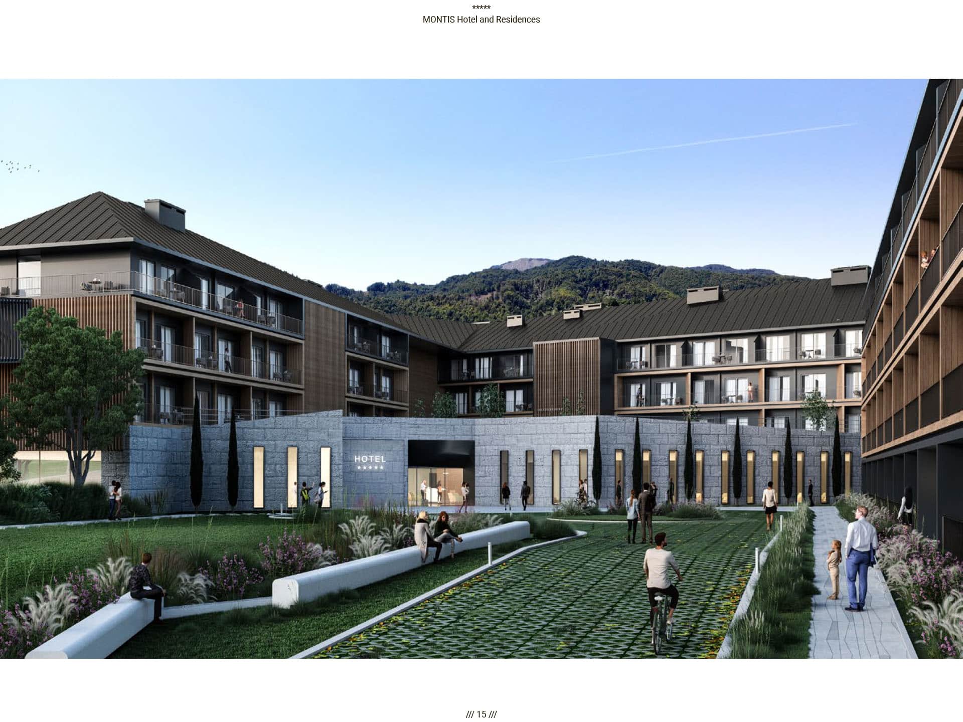 Вид снаружи на современный отель Montis Hotel and Residences в Колашине, Черногория, с благоустроенной территорией.