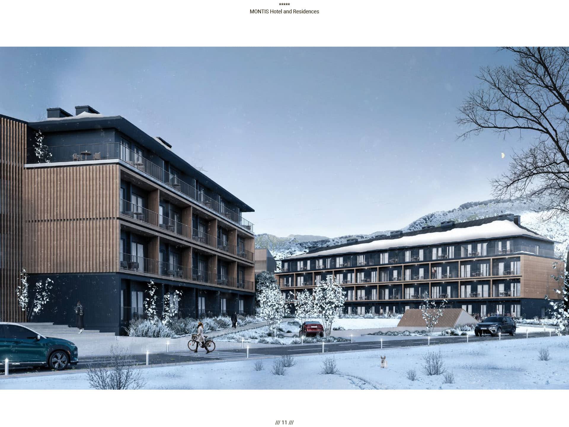 Современный отель Montis Hotel and Residences в заснеженном Колашине, Черногория: вид на фасады зданий зимой.