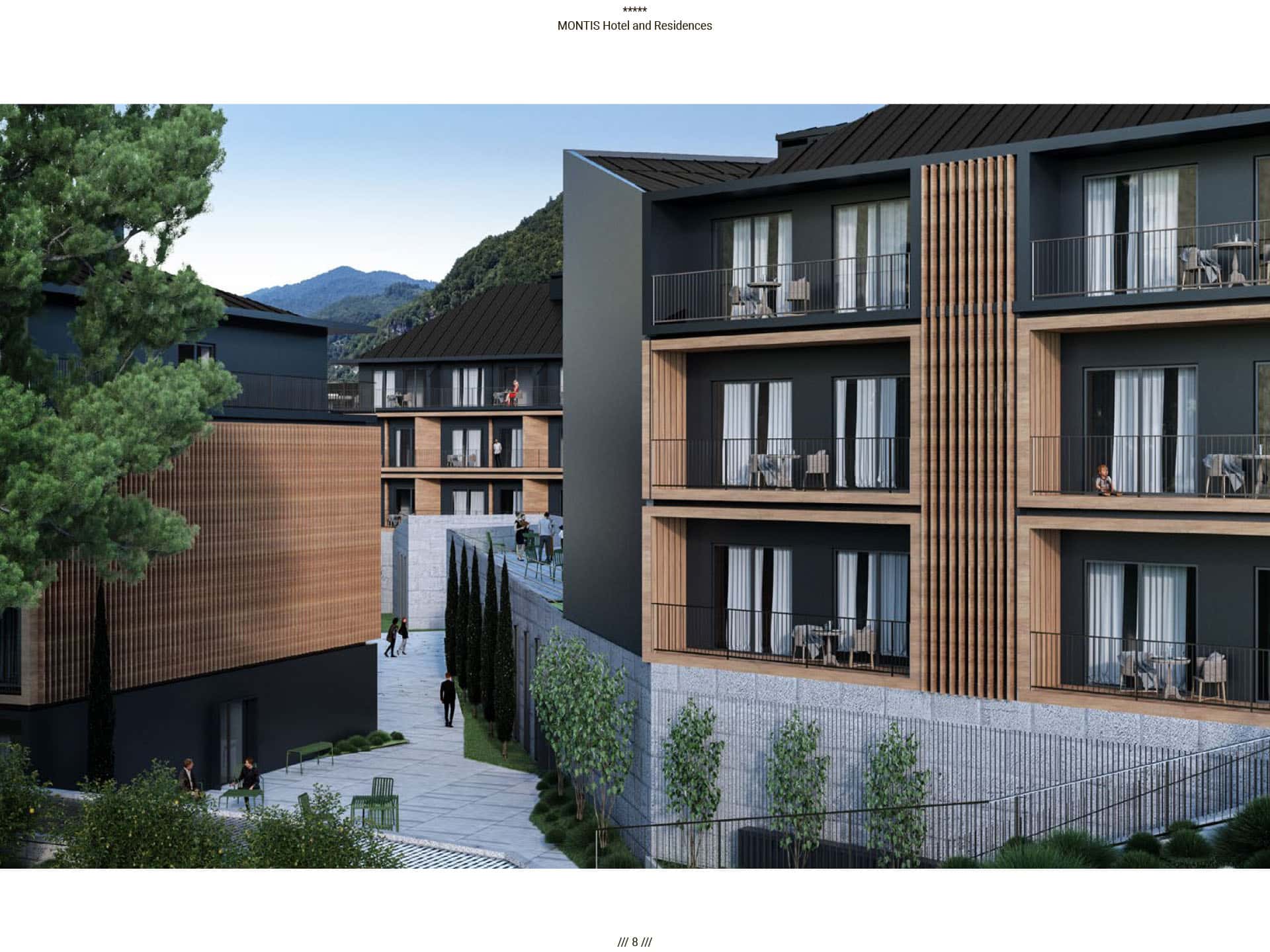 Современный отель Montis Hotel and Residences в Колашине, Черногория: вид на фасады с балконами и горный пейзаж.