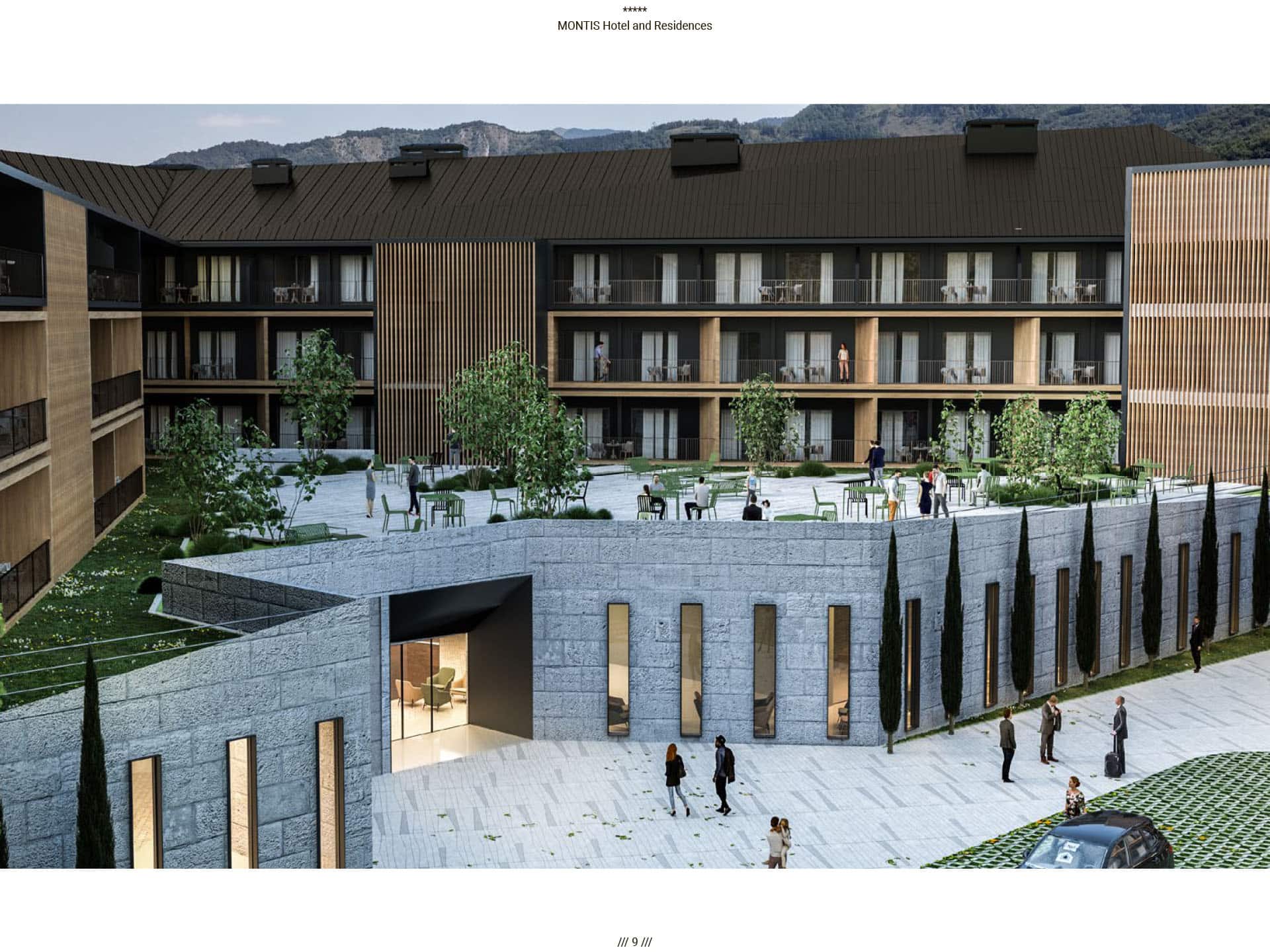 Современный отель Montis Hotel and Residences в Колашине, Черногория: вид на фасад, террасу и благоустроенную территорию.