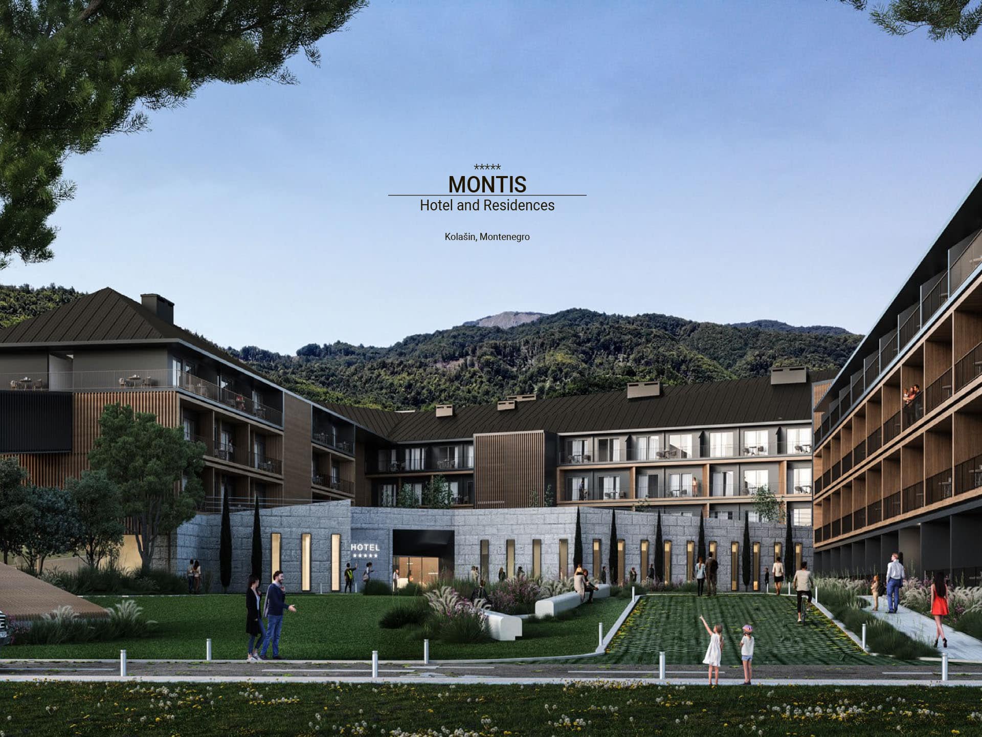 Вид на современный отель Montis Hotel and Residences в Колашине, Черногория, с благоустроенной территорией и горами.