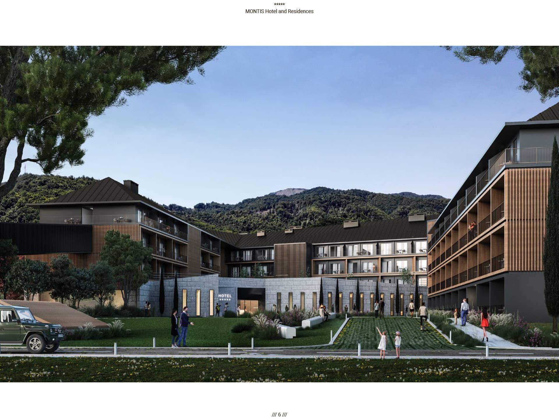 Вид на современный отель Montis Hotel and Residences в Колашине, Черногория, с благоустроенной территорией и горами.