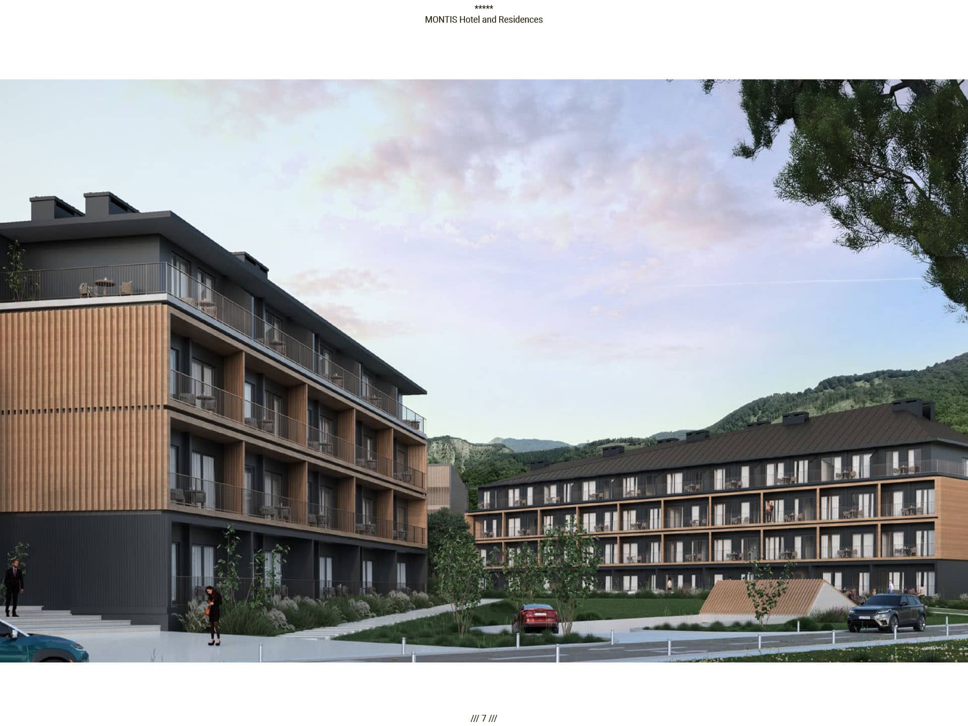 Современный комплекс Montis Hotel and Residences в Колашине, Черногория: вид на фасады отеля с балконами и горы.