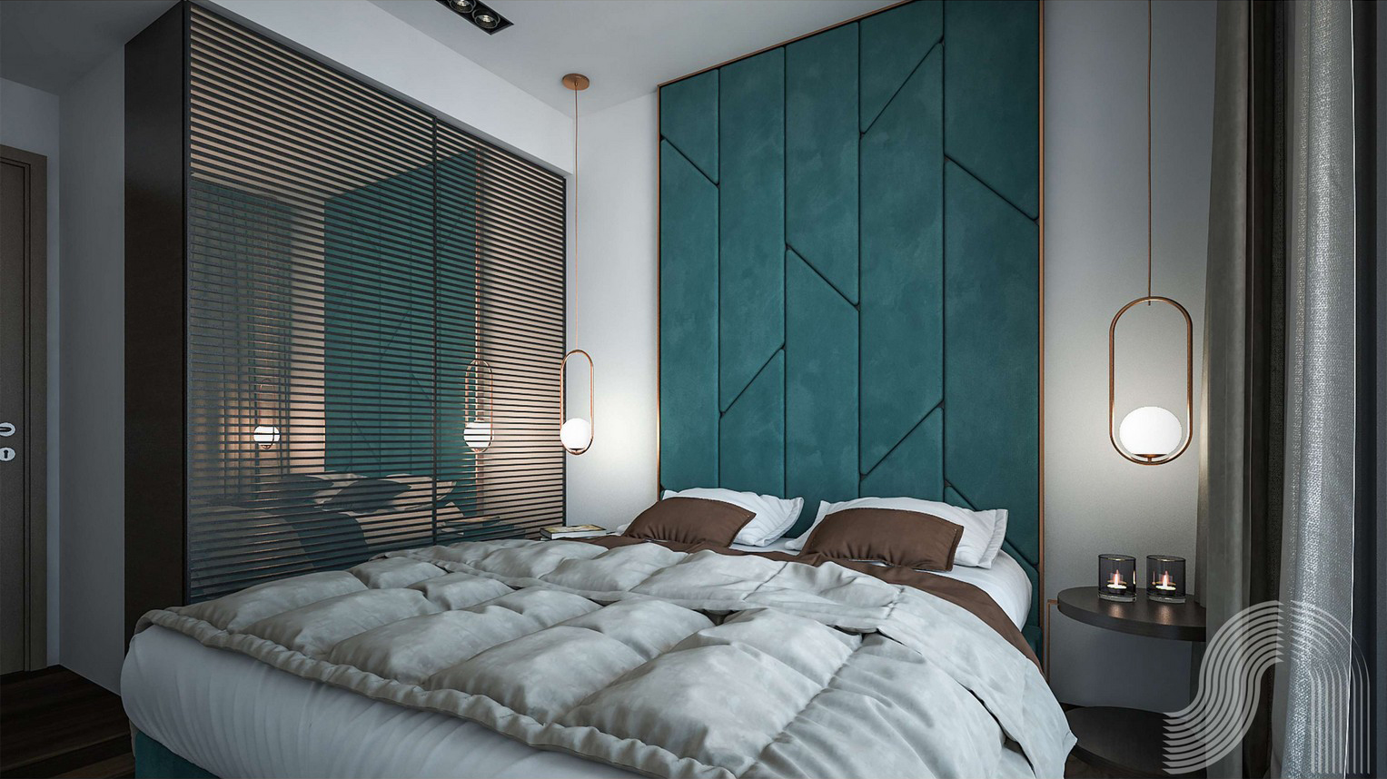Modernes Schlafzimmer mit smaragdgrünem, gepolstertem Kopfteil in einer Wohnanlage in Bar, Montenegro: stilvolles Interieur mit Beleuchtung.