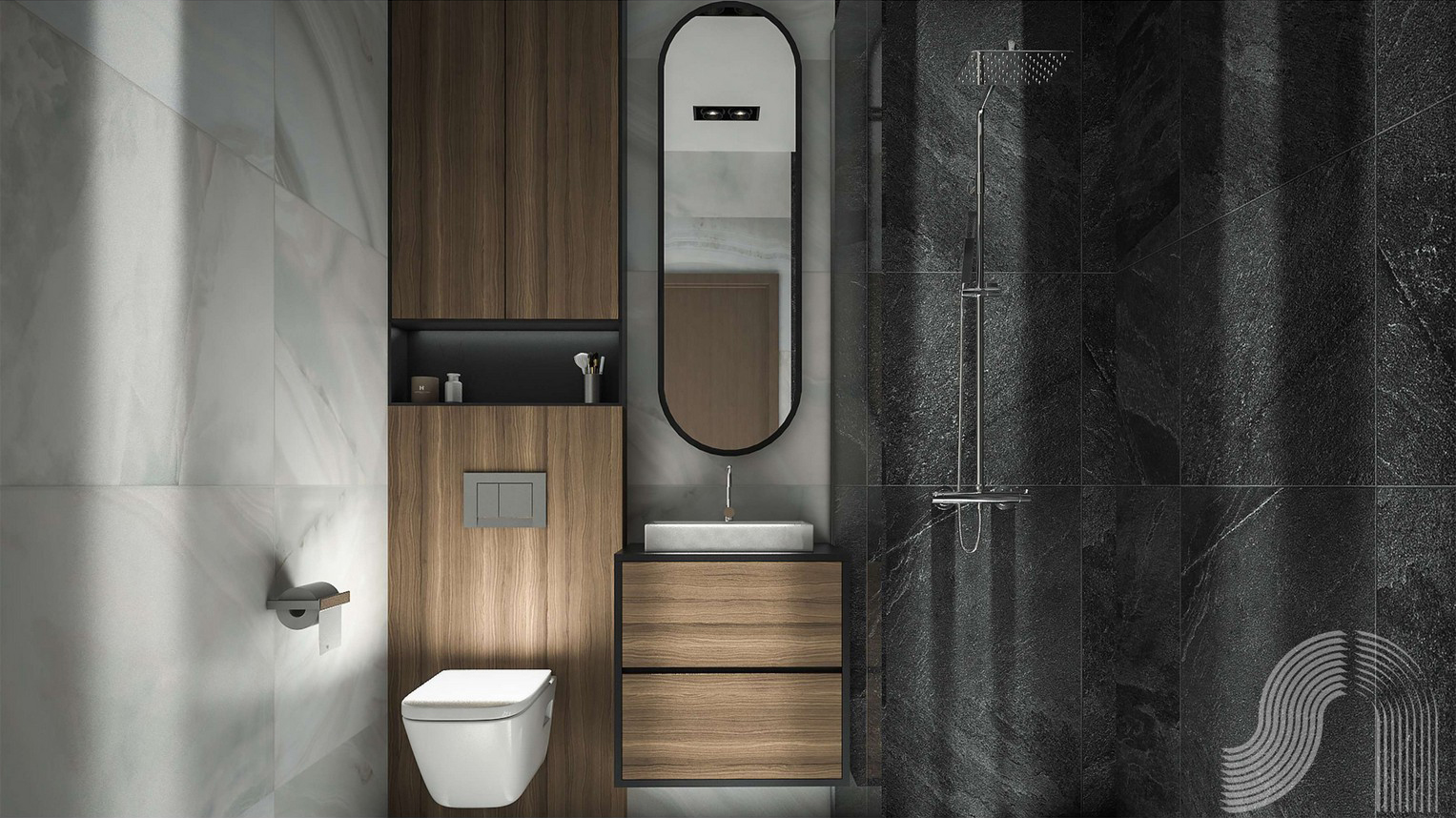 Modernes Badezimmer im ЖК Bar, Montenegro: dunkle Steinoptik, Holzmöbel und stilvolle Sanitäranlagen.