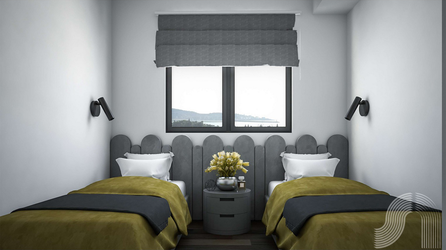 Modernes Schlafzimmer mit zwei Betten und Meerblick in einer Wohnanlage in Bar, Montenegro.