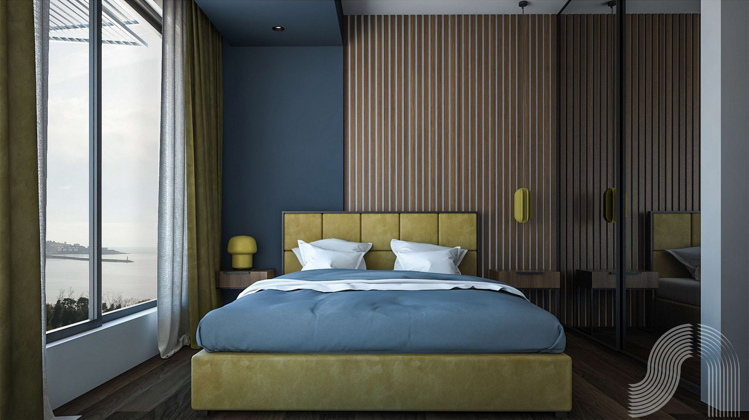 Modernes Schlafzimmer mit Meerblick in einer Wohnanlage in Bar, Montenegro: Doppelbett, Wandverkleidung mit Holzleisten, Panoramafenster.