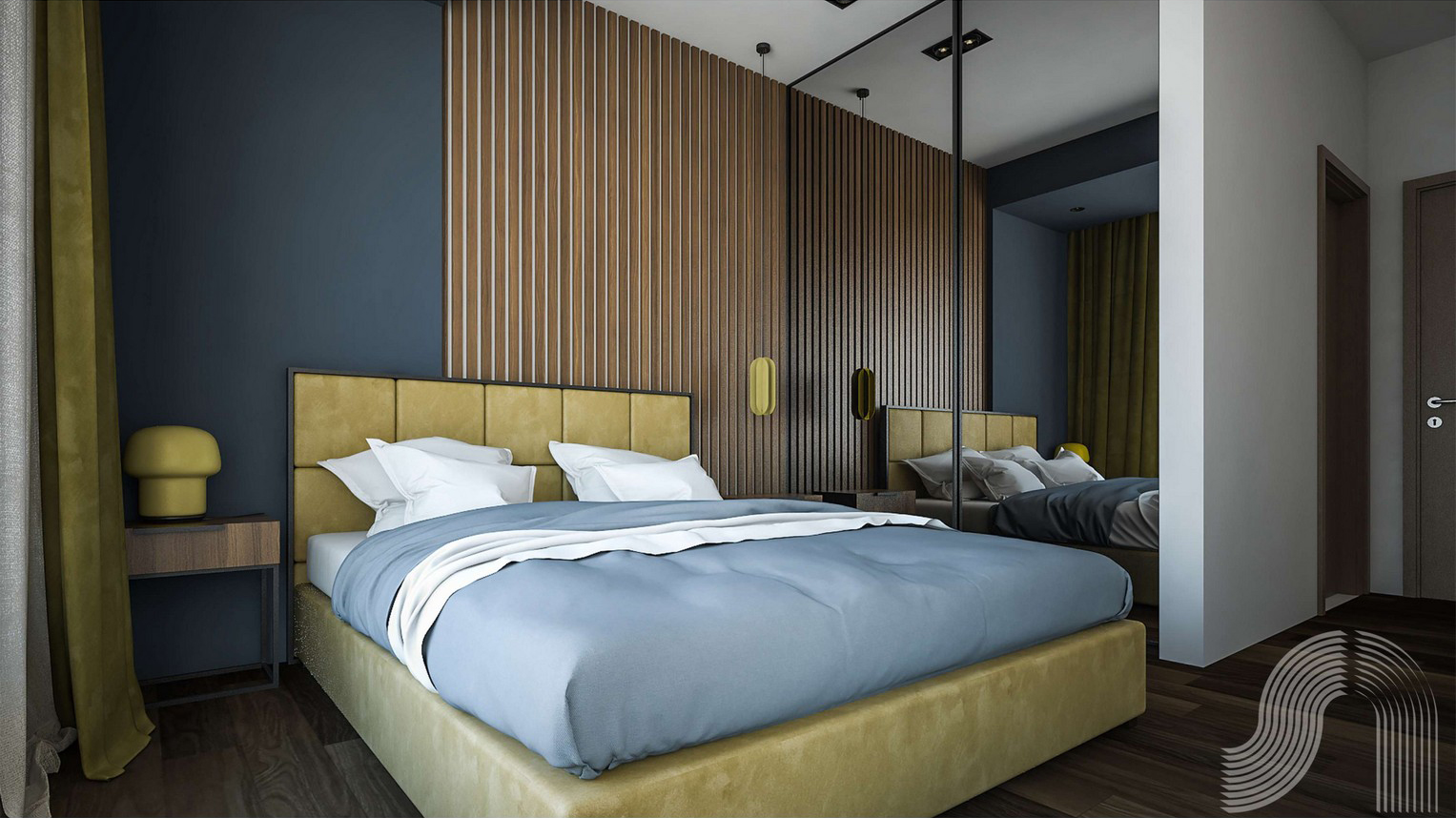 Modernes Schlafzimmer mit senfgelbem Bett und Lamellenwandverkleidung in einer Wohnanlage in Bar, Montenegro.