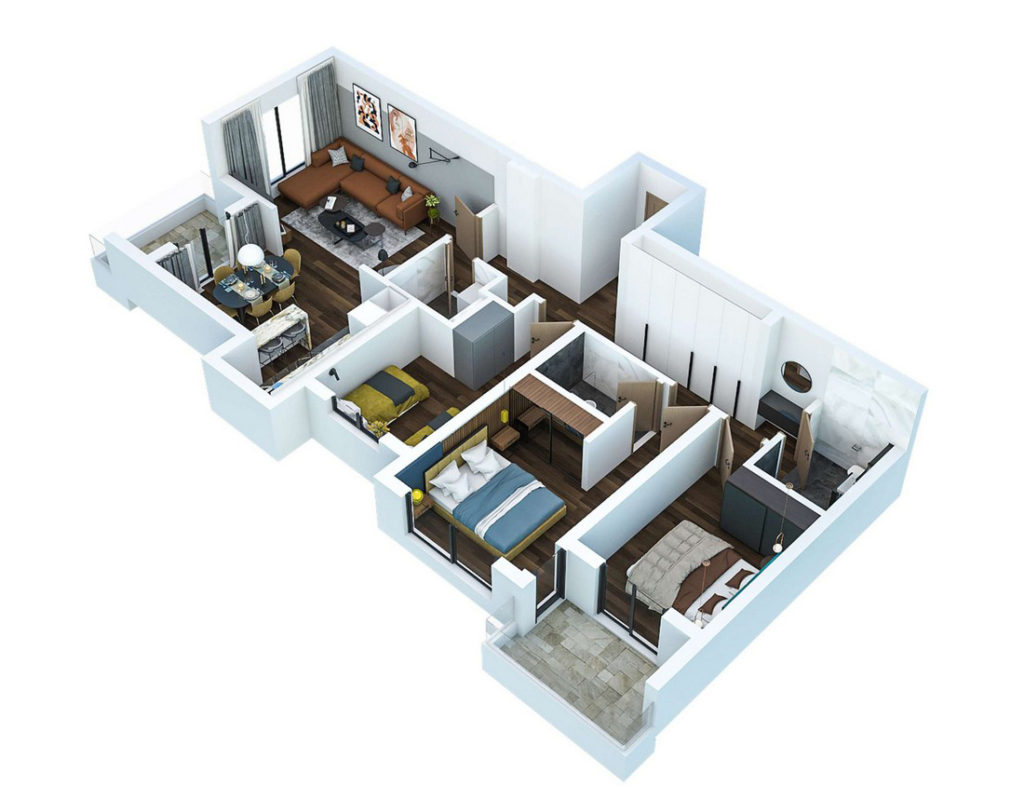 3D-Grundriss der Wohnung im ЖК Bar, Montenegro: drei Schlafzimmer, Wohnzimmer mit Küche, Terrasse und moderne Innenausstattung.