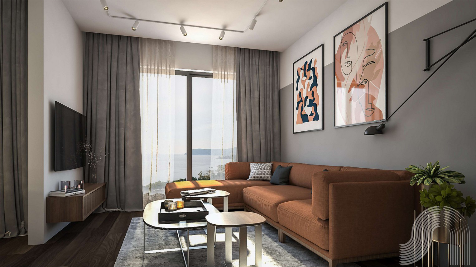 Modernes Wohnzimmer mit terrakottafarbenem Sofa und Meerblick in einer Wohnanlage in Bar, Montenegro.