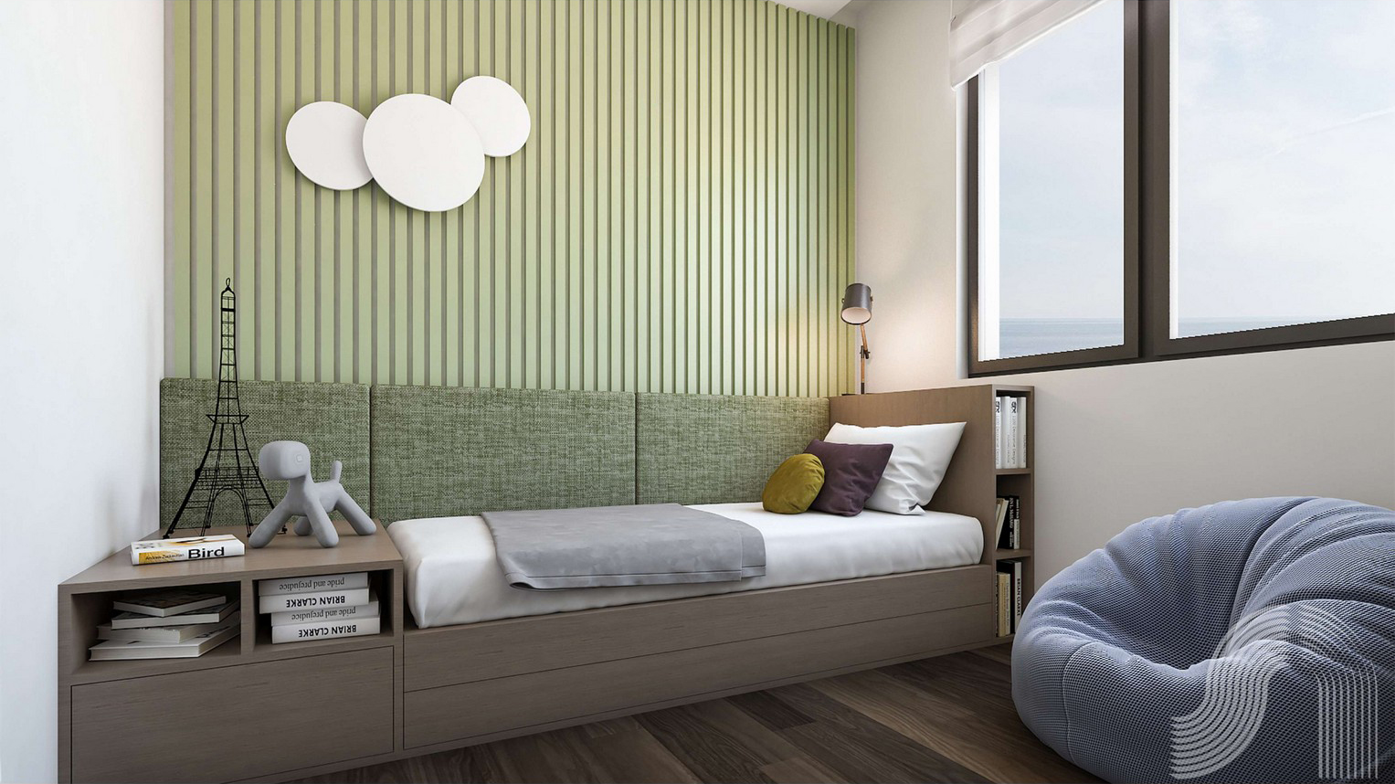 Modernes Schlafzimmer in einer Wohnanlage in Bar, Montenegro: Bett mit gepolstertem Kopfteil, Lamellenwand und Meerblick aus dem Fenster.