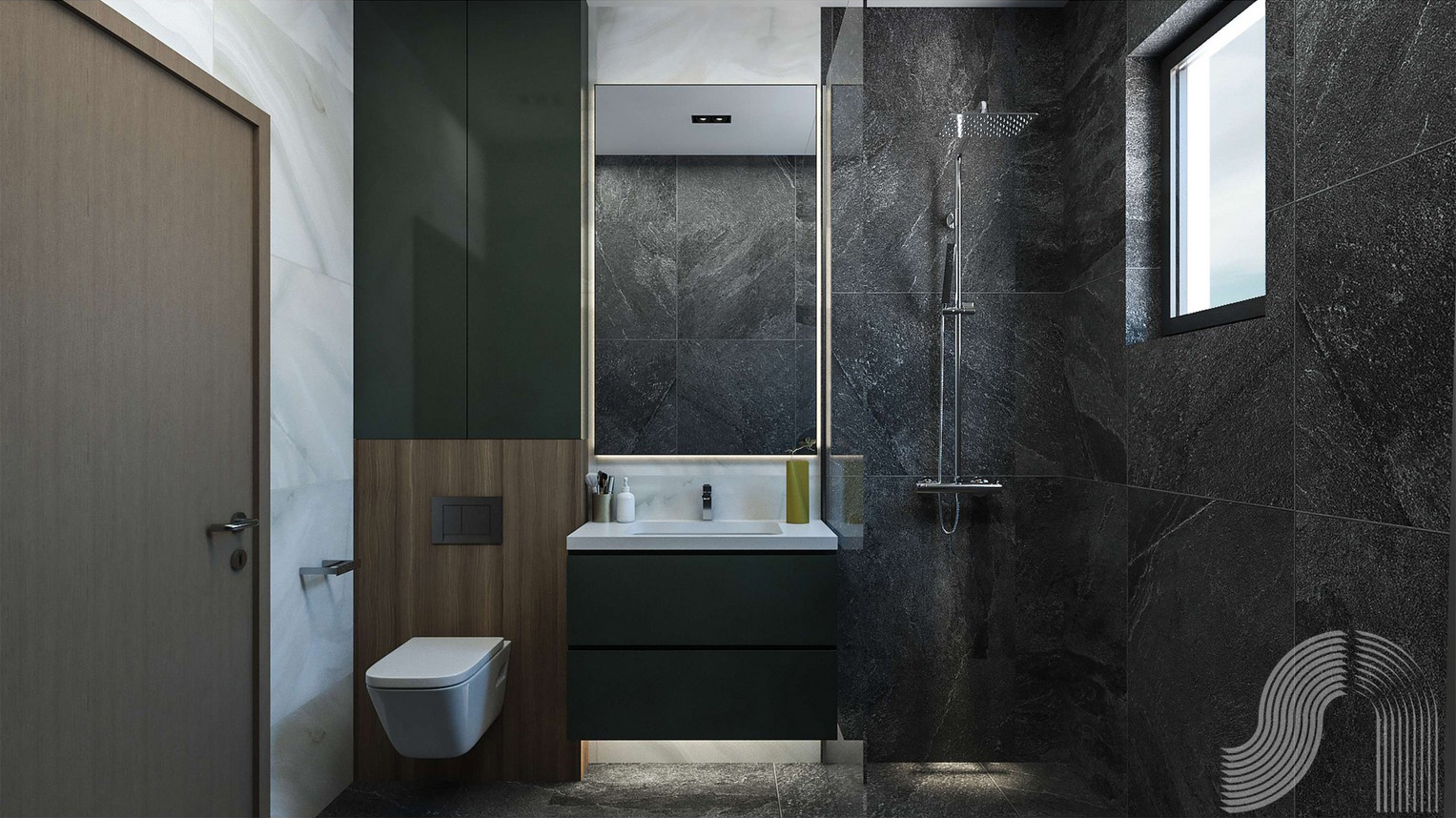 Modernes Badezimmer mit dunkler Ausstattung und Dusche in einer Wohnanlage, Stadt Bar, Montenegro.