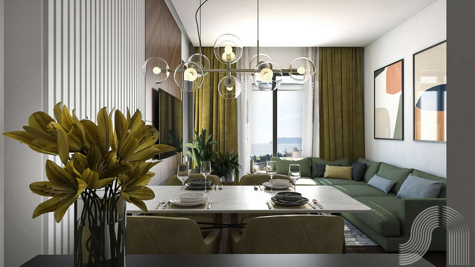 Modernes Wohnzimmer mit Essbereich in einer Wohnanlage in Bar, Montenegro: Panoramablick auf das Meer, Designermöbel und Dekor.