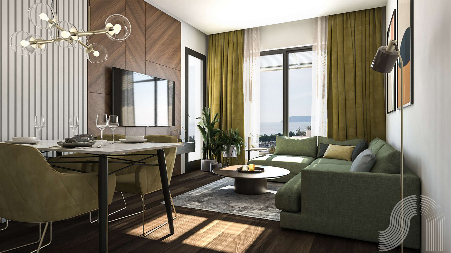 Modernes Wohnzimmer mit Meerblick in einer Wohnanlage in Bar, Montenegro: grünes Sofa, Essbereich und Designer-Ausstattung.