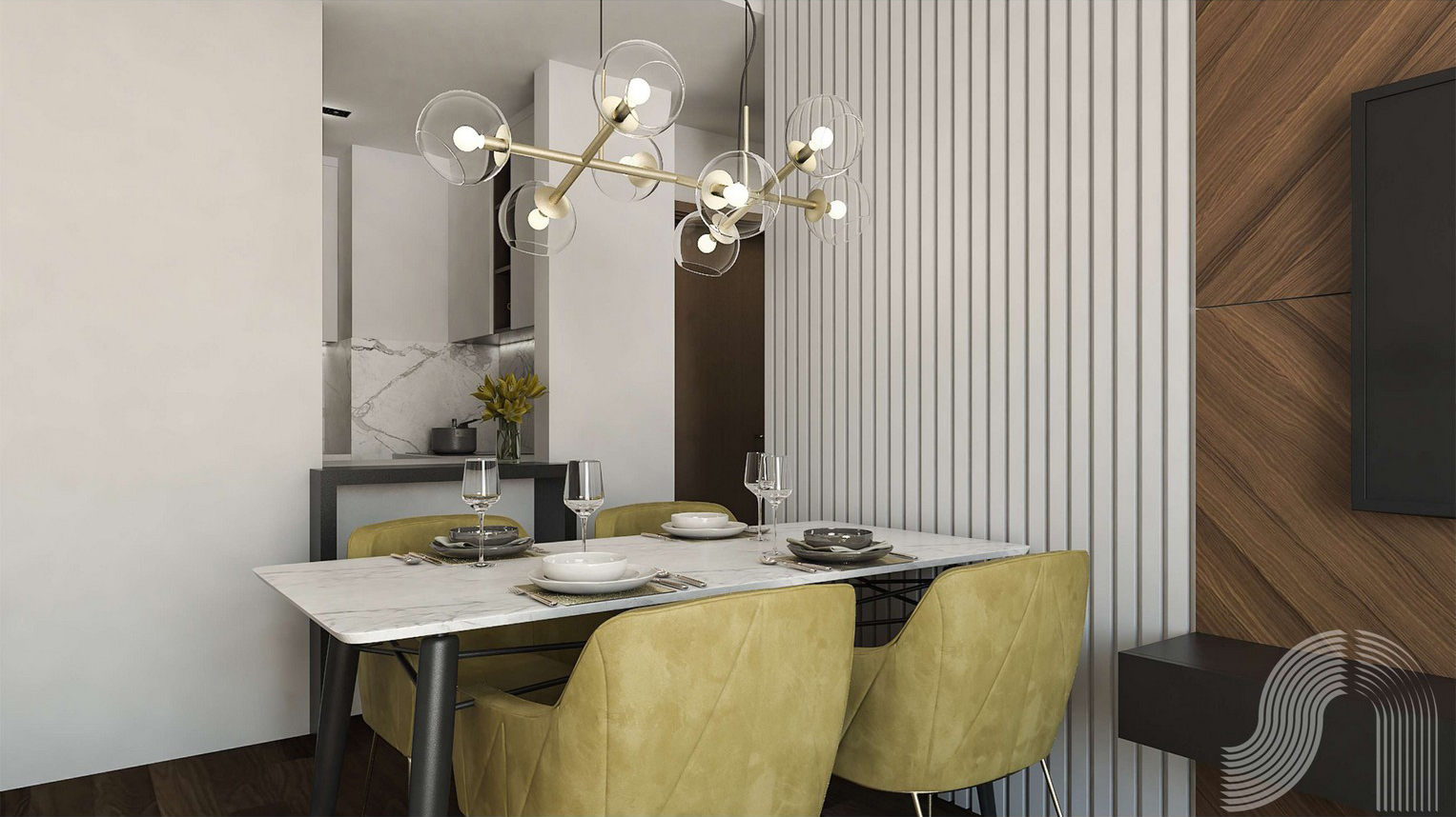 Moderner Essbereich mit Marmortisch und gelben Stühlen in einer Wohnanlage in Bar, Montenegro. Designer-Innenausstattung.