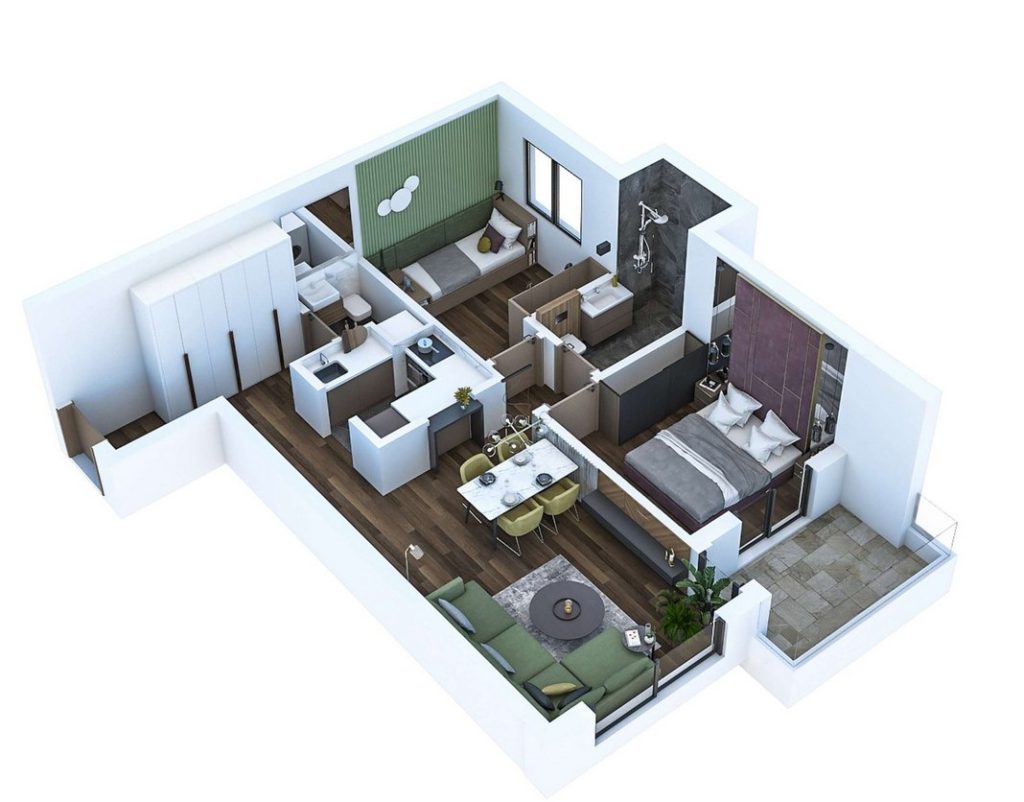 3D-Grundriss einer Wohnung in der Wohnanlage Bar, Montenegro: Wohnzimmer, zwei Schlafzimmer, Küche, Bad und Terrasse mit moderner Ausstattung.