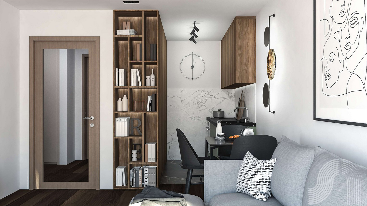 Modernes Wohnzimmer mit Küche in einer Wohnanlage in Bar, Montenegro: Designer-Regal, Marmor-Küchenrückwand und stilvolle Möbel.