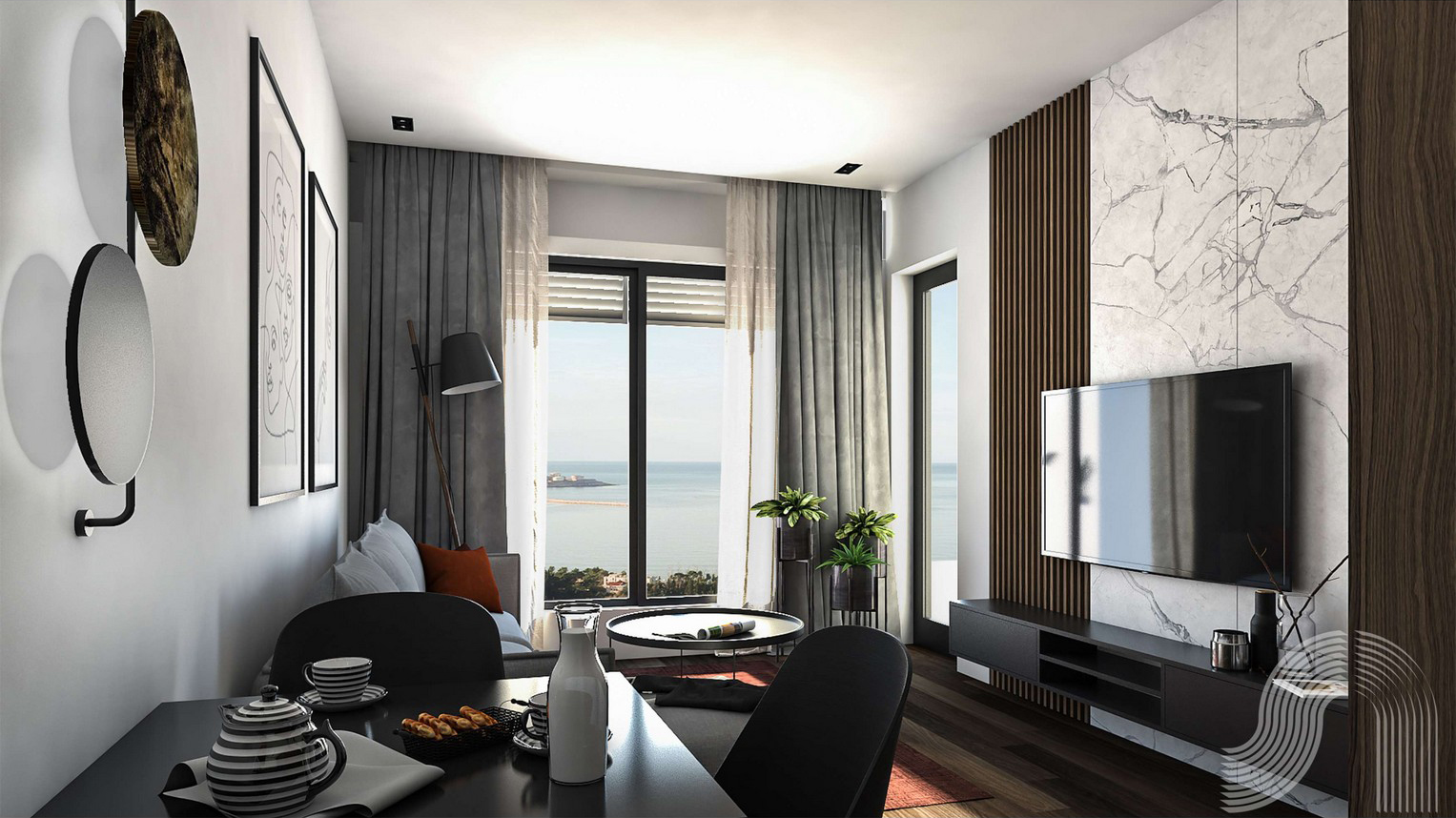 Modernes Wohnzimmer mit Meerblick in einer Wohnanlage in Bar, Montenegro: Marmorverkleidung, stilvolle Möbel und Panoramafenster.