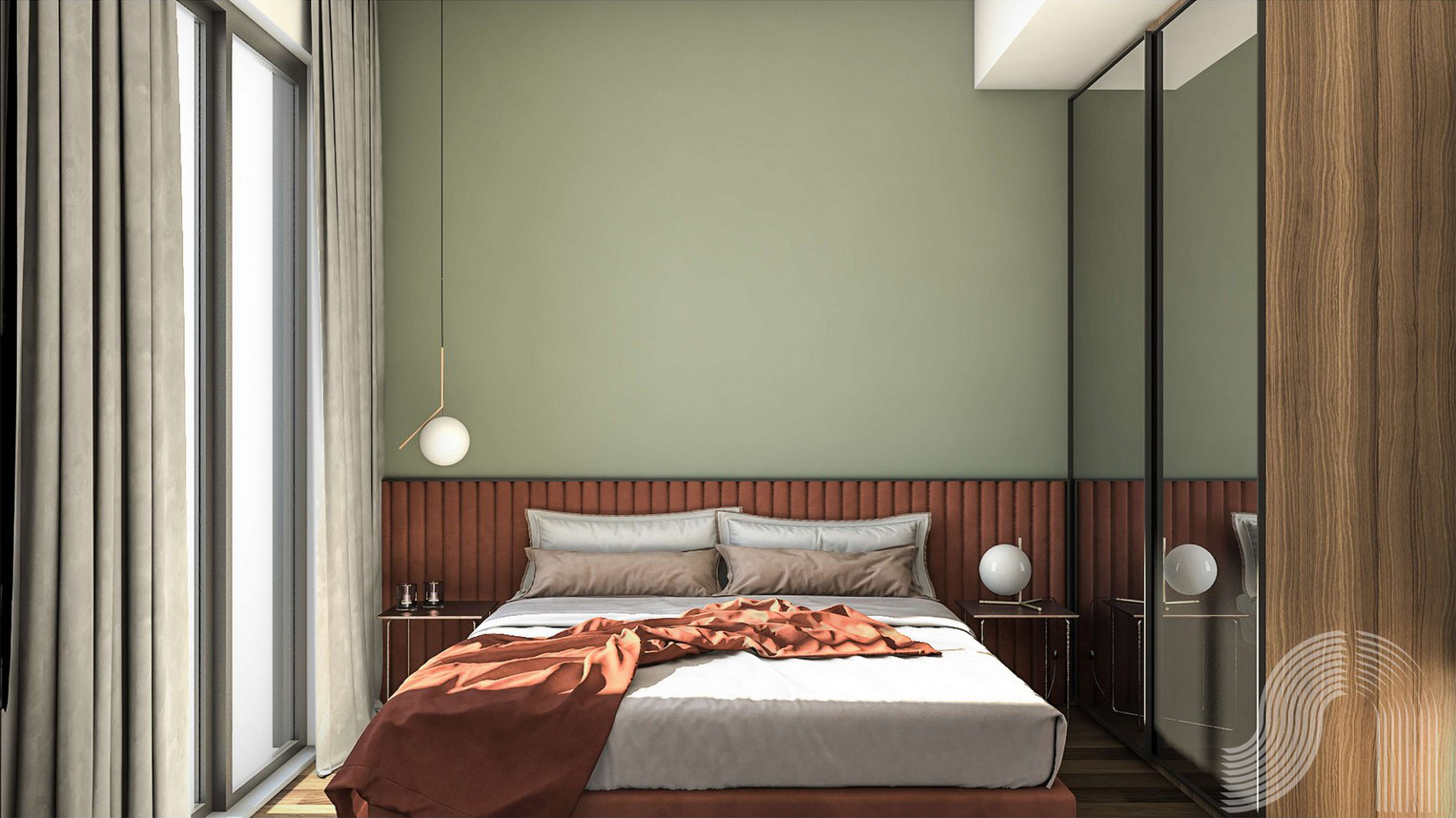 Modernes Schlafzimmer in einer Wohnanlage in Bar, Montenegro: olivgrüne Wände, gepolstertes Kopfteil, Panoramafenster und Spiegelschrank.