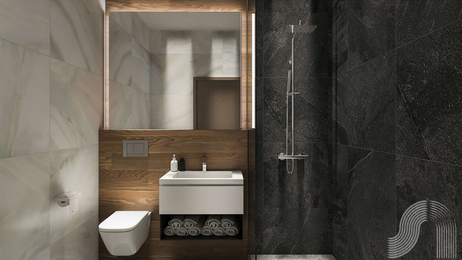 Modernes Badezimmer mit Holz- und Steinoptik in einer Wohnanlage, Stadt Bar, Montenegro. Dusche, hängende Sanitärkeramik.