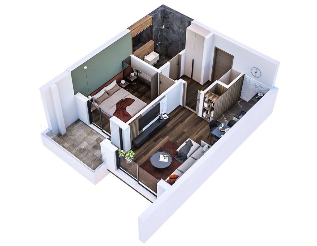 3D-Grundriss einer Wohnung in der Wohnanlage Bar, Montenegro: Schlafzimmer, Wohnzimmer mit Küche, Terrasse und moderne Innenausstattung.
