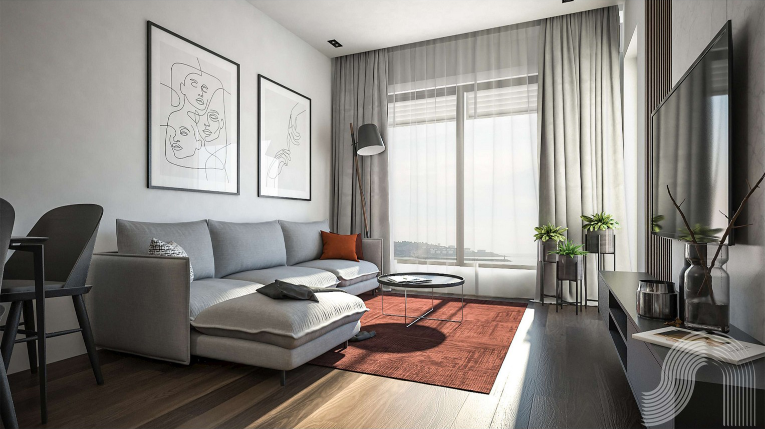 Modernes Wohnzimmer in einer Wohnanlage in Bar, Montenegro: graues Sofa, Panoramafenster mit Meerblick, stilvolles Interieur.