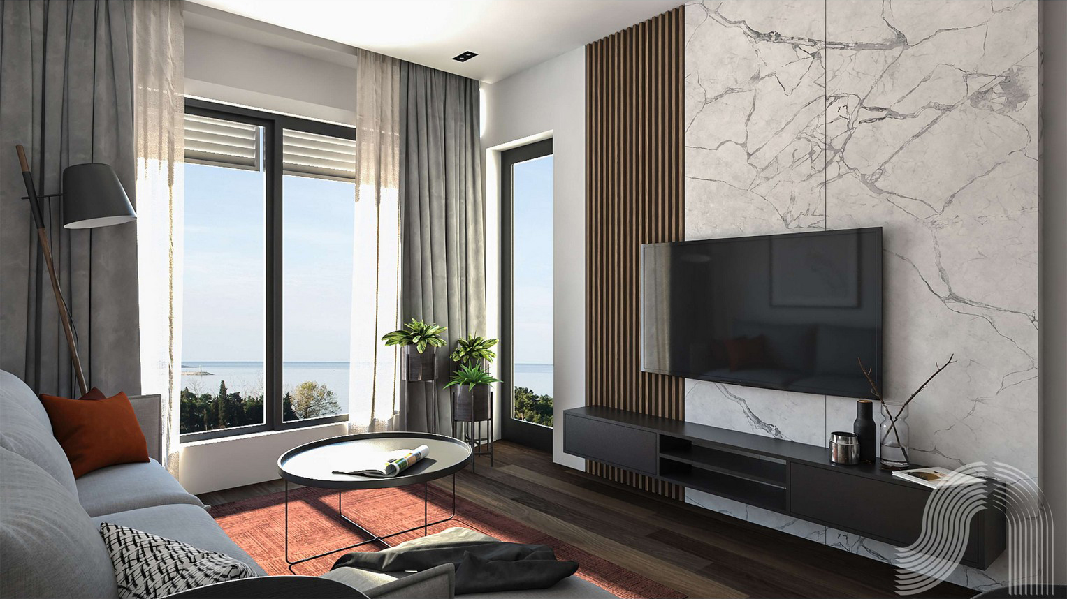 Modernes Wohnzimmer mit Meerblick in einer Wohnanlage in Bar, Montenegro: Marmorverkleidung, Holzlamellen und stilvolle Möbel.