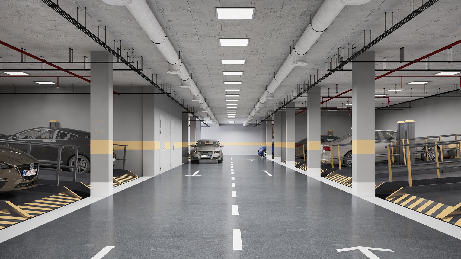 Moderne Tiefgarage mit zweigeschossigen Autosystemen in einer Wohnanlage, Stadt Bar, Montenegro.