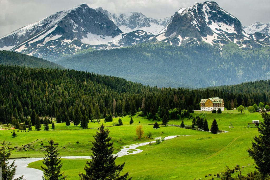 Durmitor Hotel in Žabljak, Montenegro: view of the building amid green meadows, coniferous forest, and the snow-covered Durmitor mountains.