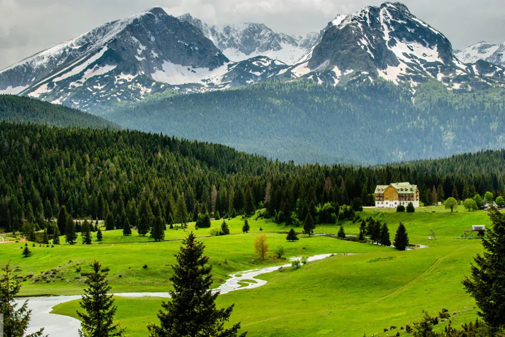 Hotel Durmitor w Žabljaku, Czarnogóra: widok na budynek pośród zielonych łąk, lasu iglastego i ośnieżonych gór Durmitor.