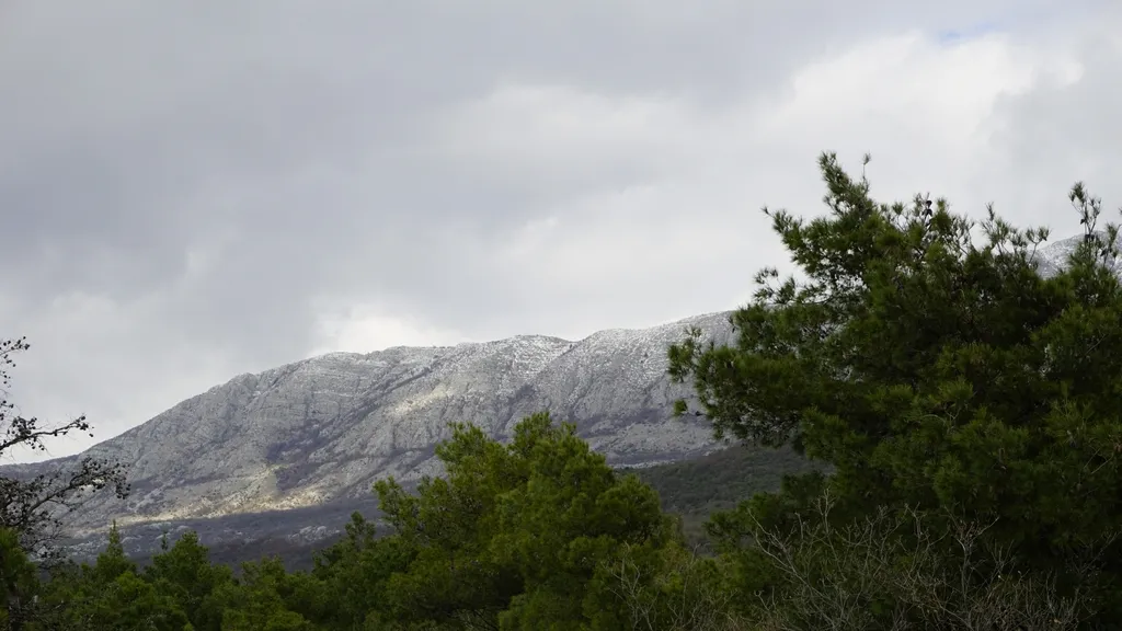 Vue pittoresque sur des montagnes enneigées et une forêt de conifères depuis une villa à Igalo, Herceg Novi, Monténégro.