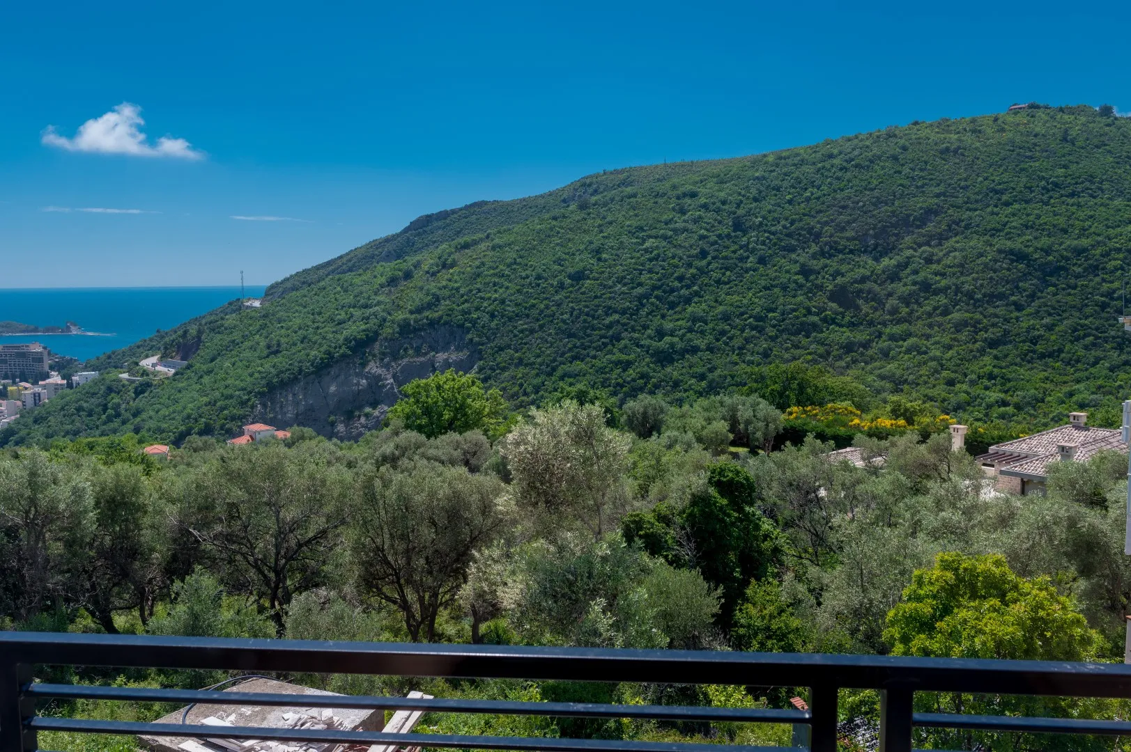 Blick auf grüne Hügel, Meer und Himmel von einem Balkon mit schwarzem Geländer.