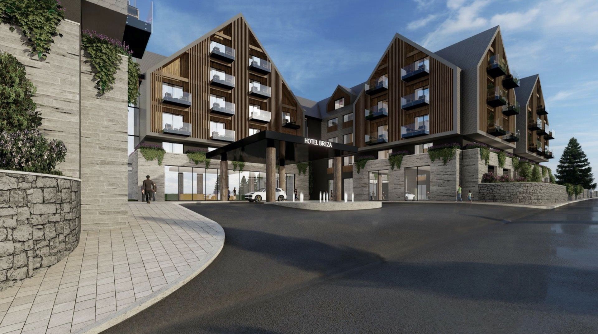 Modern facade of the Breza hotel in Kolašin, Montenegro: wood and stone architecture, panoramic balconies, and entrance.