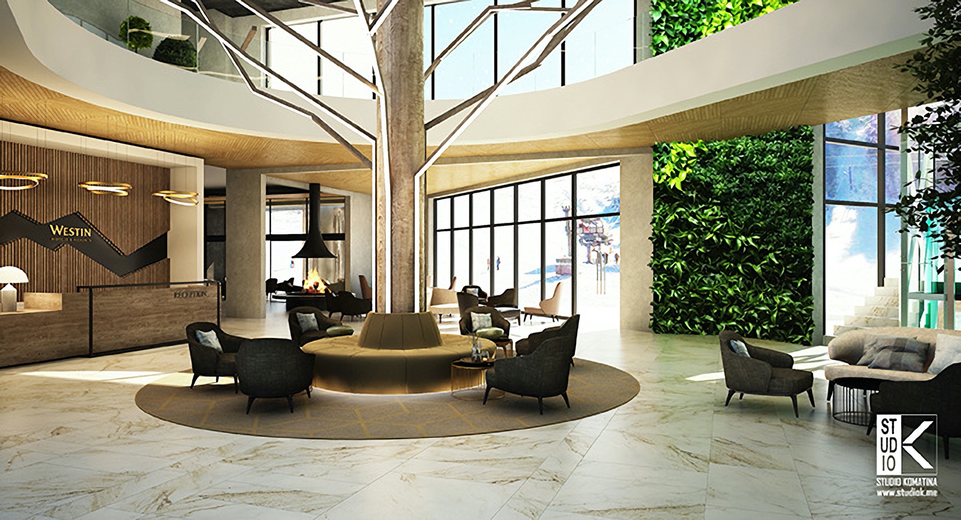 Интерьер лобби отеля The Westin в Колашине, Черногория: панорамные окна, фитостена, камин и дизайнерская мебель.