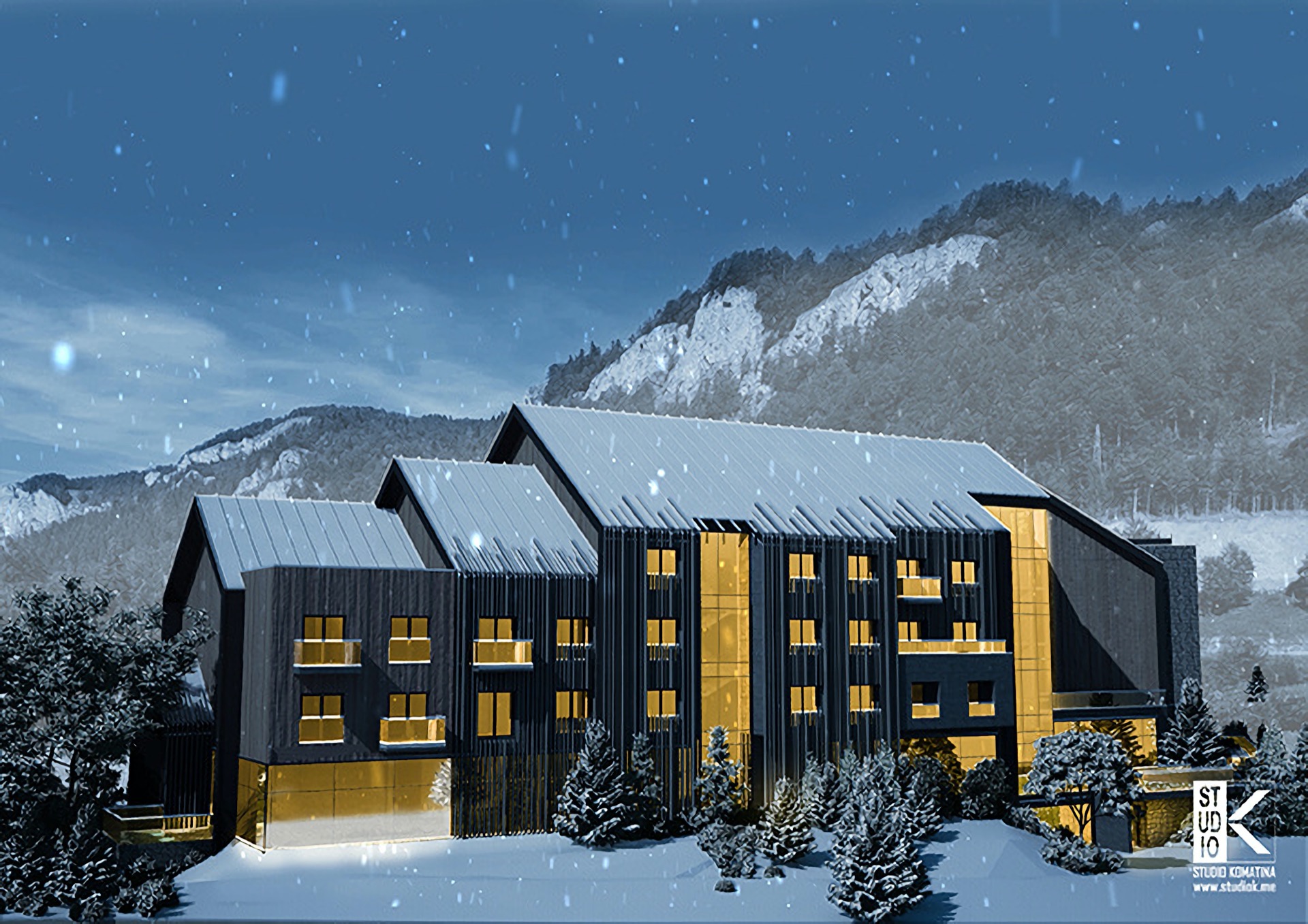 Современный отель The Westin в Колашине, Черногория: вид на заснеженное здание с панорамными окнами и горы зимой.