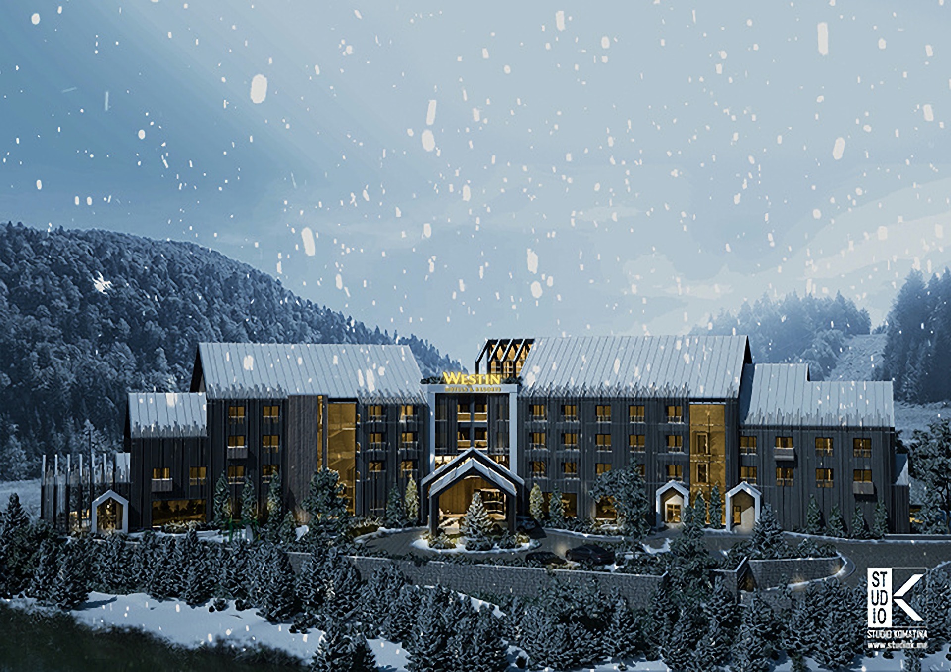 Вид на современный отель The Westin в заснеженном горном Колашине, Черногория, с архитектурной подсветкой фасада.