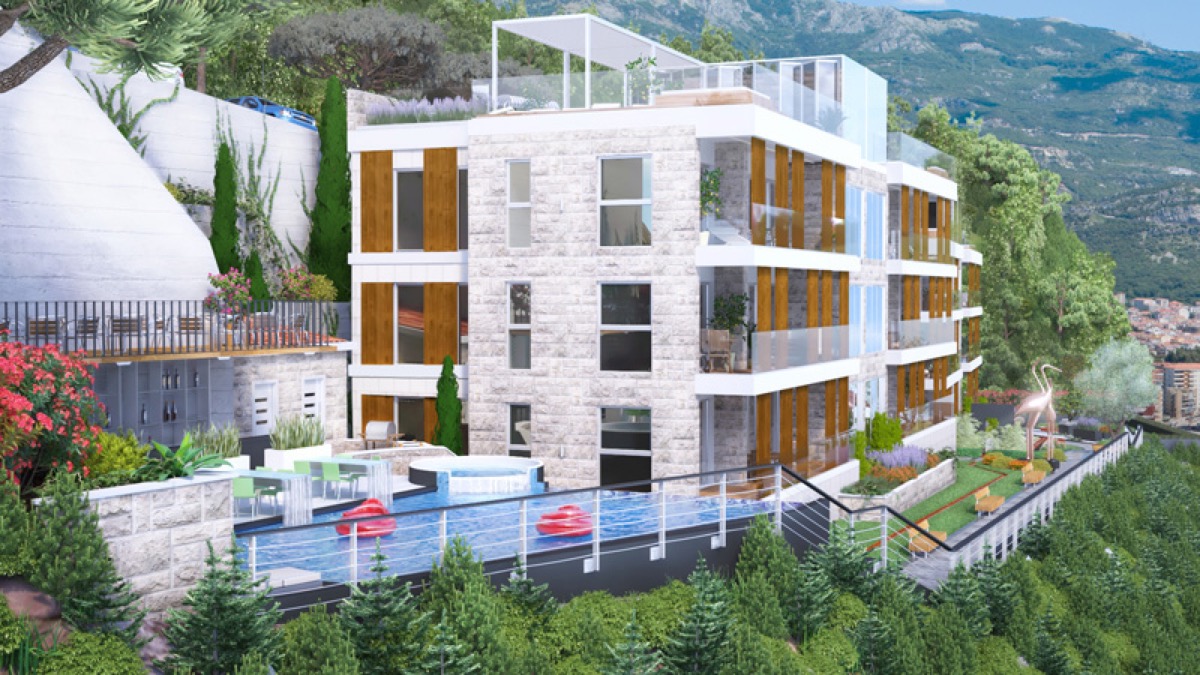 Moderner Wohnkomplex in Budva, Montenegro: Steinfassade, Außenpool, Terrassen und Bergblick.