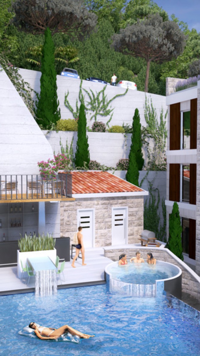 Pool mit Whirlpool und Ruhebereich in einer Wohnanlage in Budva, Montenegro: moderne Ausstattung und Landschaftsgestaltung.