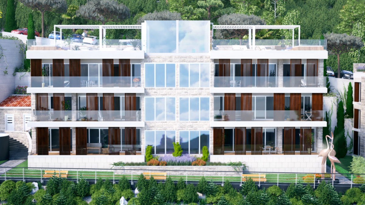 Moderner Wohnkomplex in Budva, Montenegro: Fassade mit Panoramafenstern, Terrassen und Landschaftsgestaltung.