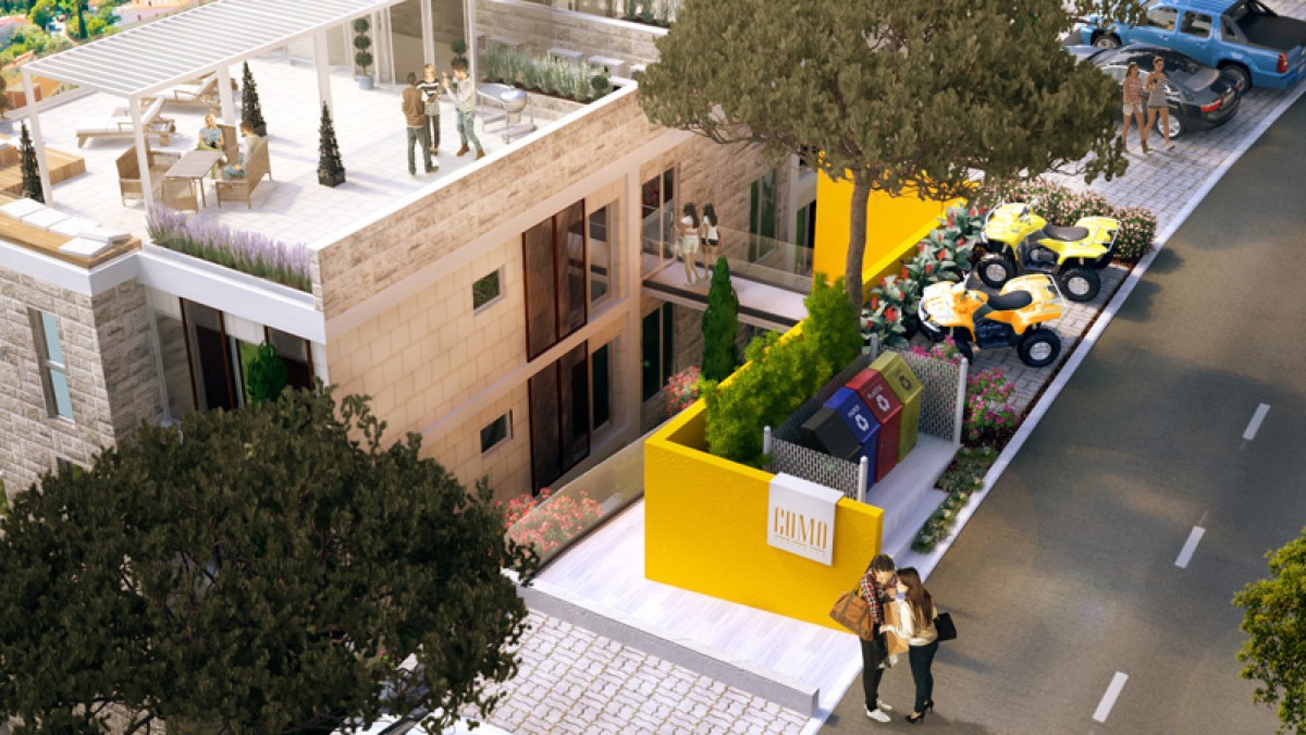 Moderner Wohnkomplex Como in Budva, Montenegro: Terrasse mit Möbeln, Steinverkleidung der Fassade und Parkplatz.
