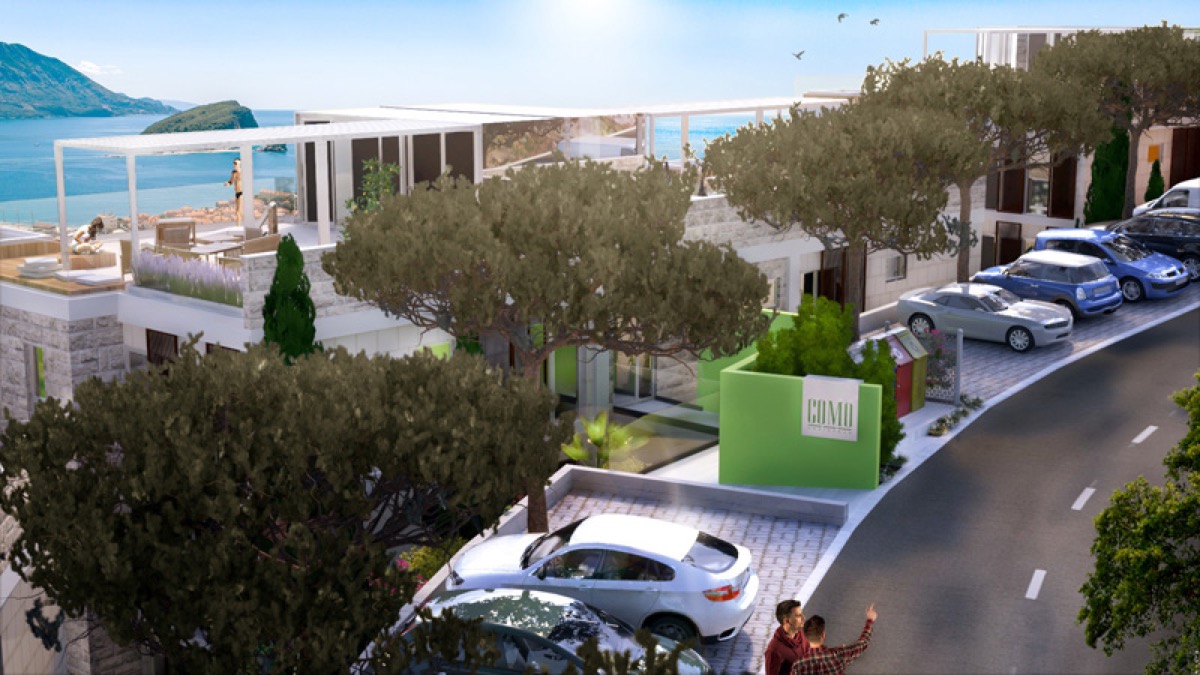 Wohnanlage in Budva, Montenegro: moderne Architektur, Terrasse mit Meerblick, Parkplatz und Landschaftsgestaltung.