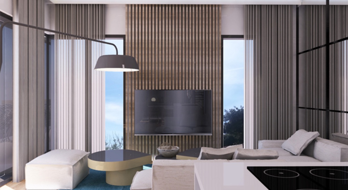 Modernes Wohnzimmer in der Wohnanlage Budva, Montenegro: Holzlamellen, Panoramafenster, stilvolle Möbel und TV-Bereich.