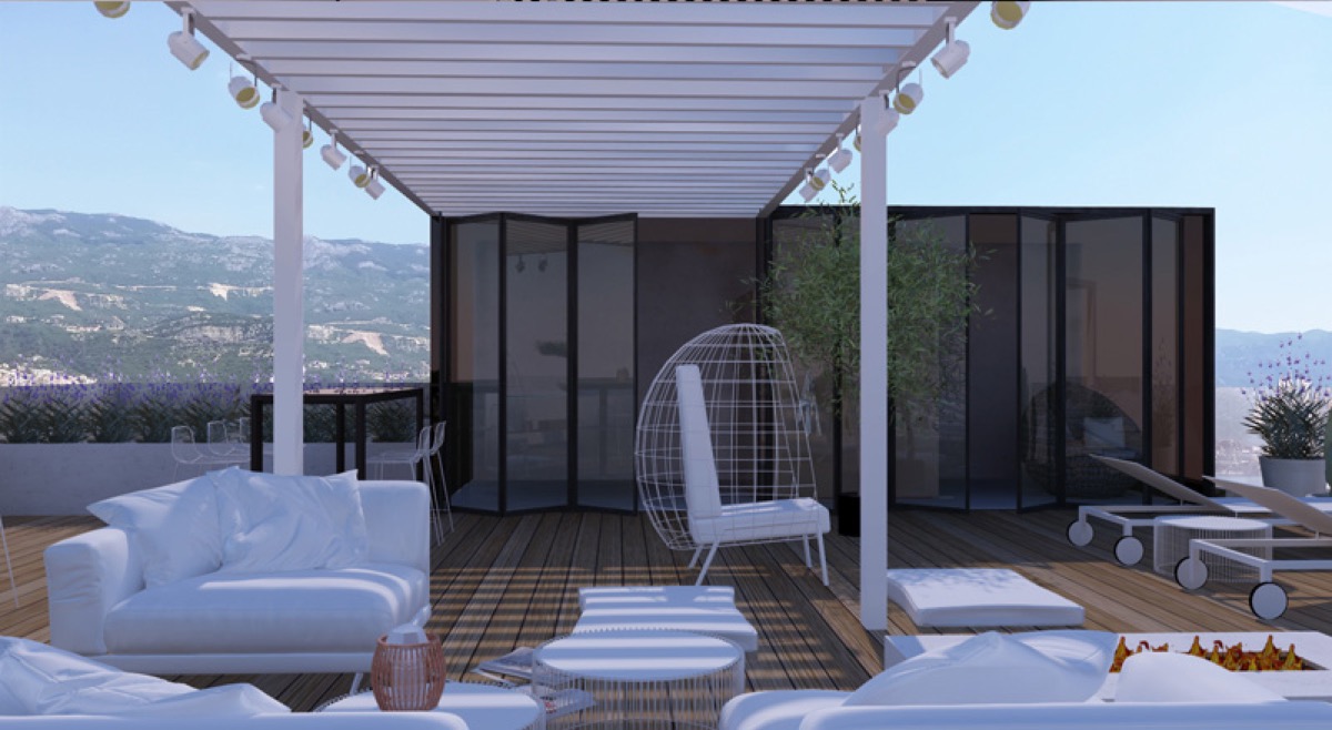 Penthouse-Terrasse mit Möbeln und Bergblick in einer Wohnanlage, Budva, Montenegro: Ruhebereich mit Pergola und Liegen.
