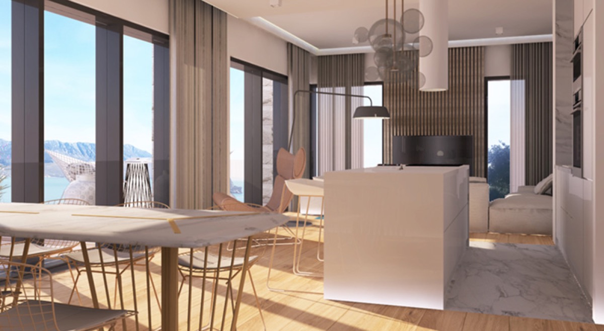 Modernes Wohnzimmer mit Panoramablick auf das Meer im ЖК Budva, Montenegro: Marmortisch, Designermöbel und Küche.