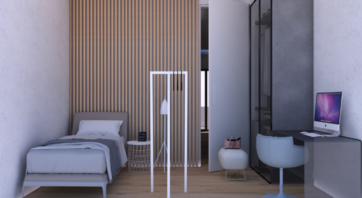 Modernes Schlafzimmer mit Lamellenwand, Bett und Arbeitsbereich in einer Wohnanlage, Budva, Montenegro.