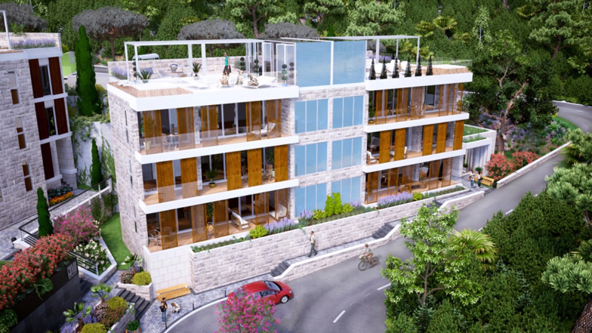 Moderner Wohnkomplex in Budva, Montenegro: Fassade mit Panoramafenstern, Terrassen und begehbarem Dach.
